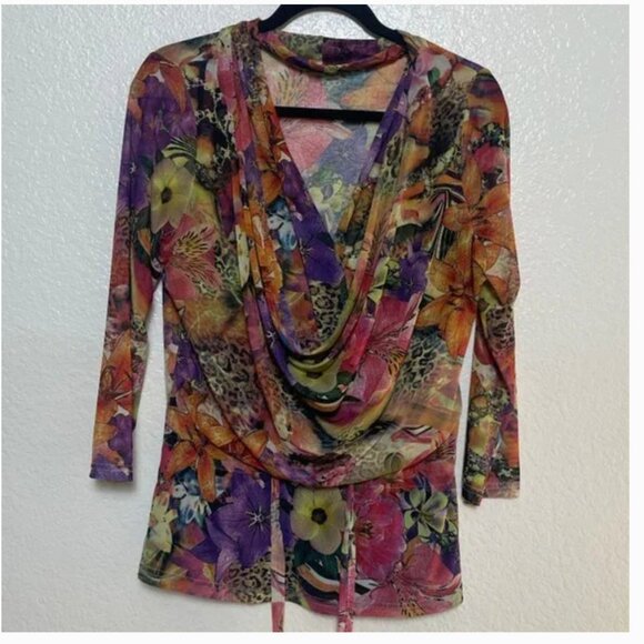 ⭐️ Cowl Neck Floral Drop Tie Hipster Hippie Glam Chic Party Elegant Blouse Top - Picture 5 of 5